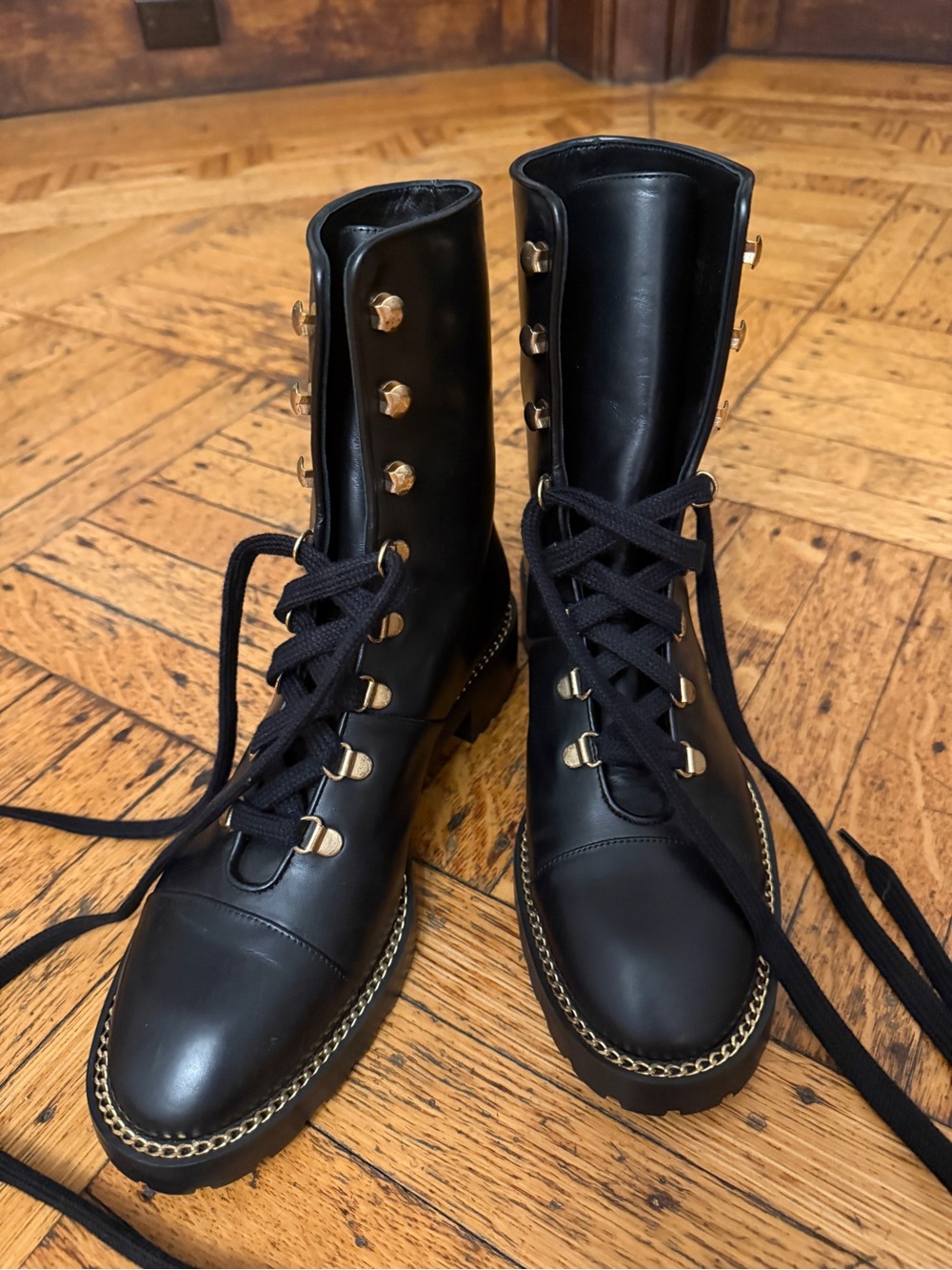 Brand new Stuart Weitzman Black Leather Lace-Up Combat Boots with Gold Hardware - Picture 8 of 9
